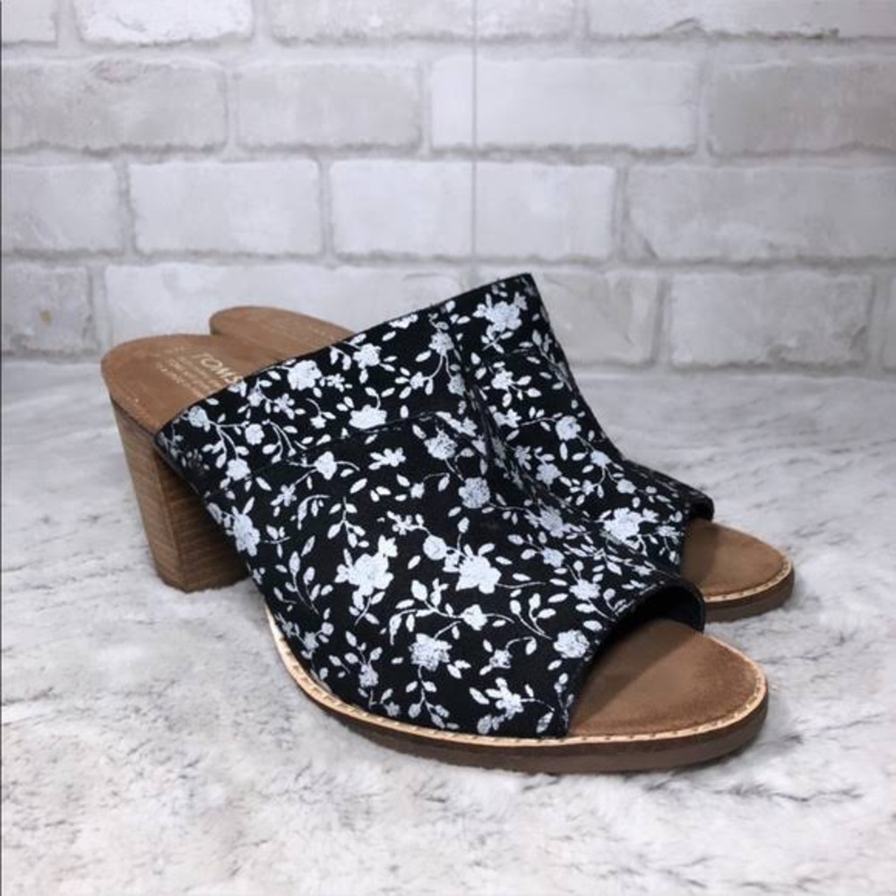 Toms Black Suede Floral MAJORCA Mule Stack Heeled Sandals Size 9